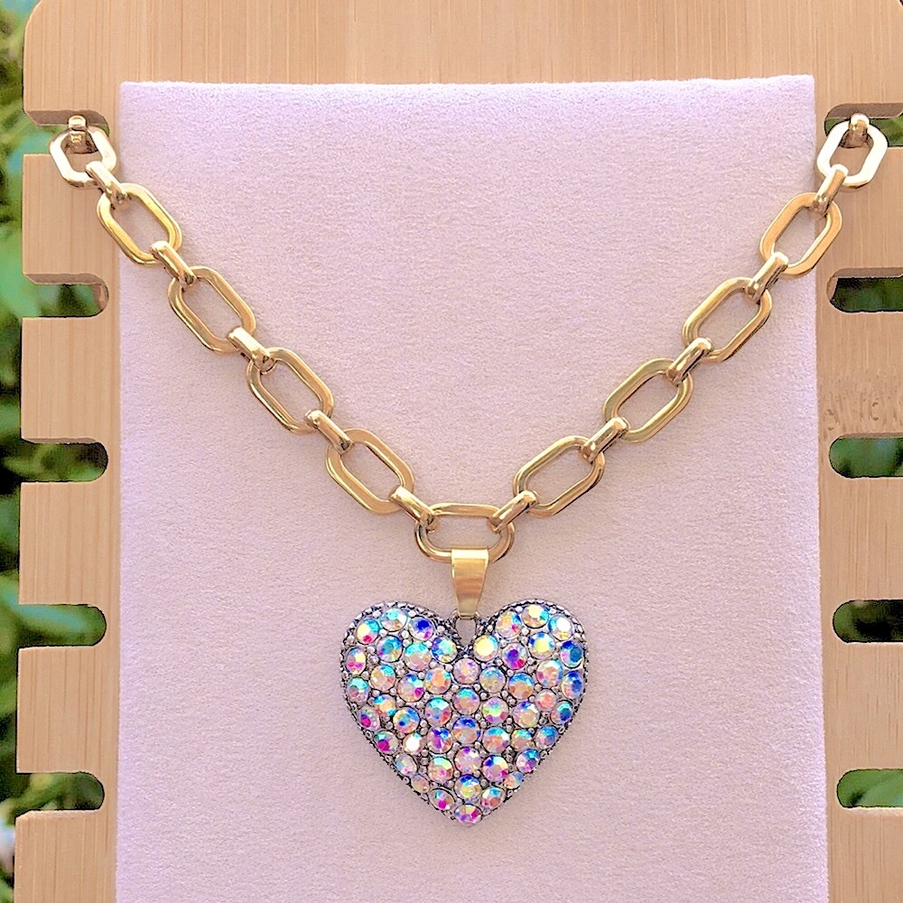 Aurora Borealis Pave + Gold Chain Crystal Heart Pendant Drop Statement Necklace